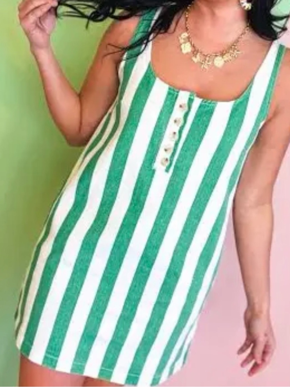 Striped Green and White Sleeveless Shift Dress